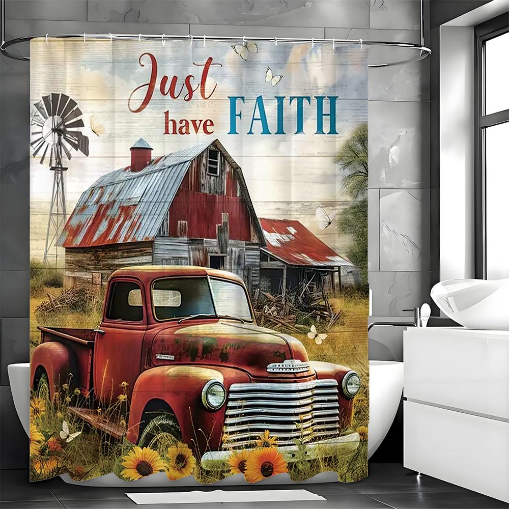 Farmwood Room Red Car Floral Shower Curtain, Bathroom Decorative Shower Curtain, Waterproof Shower Curtain with Hooks