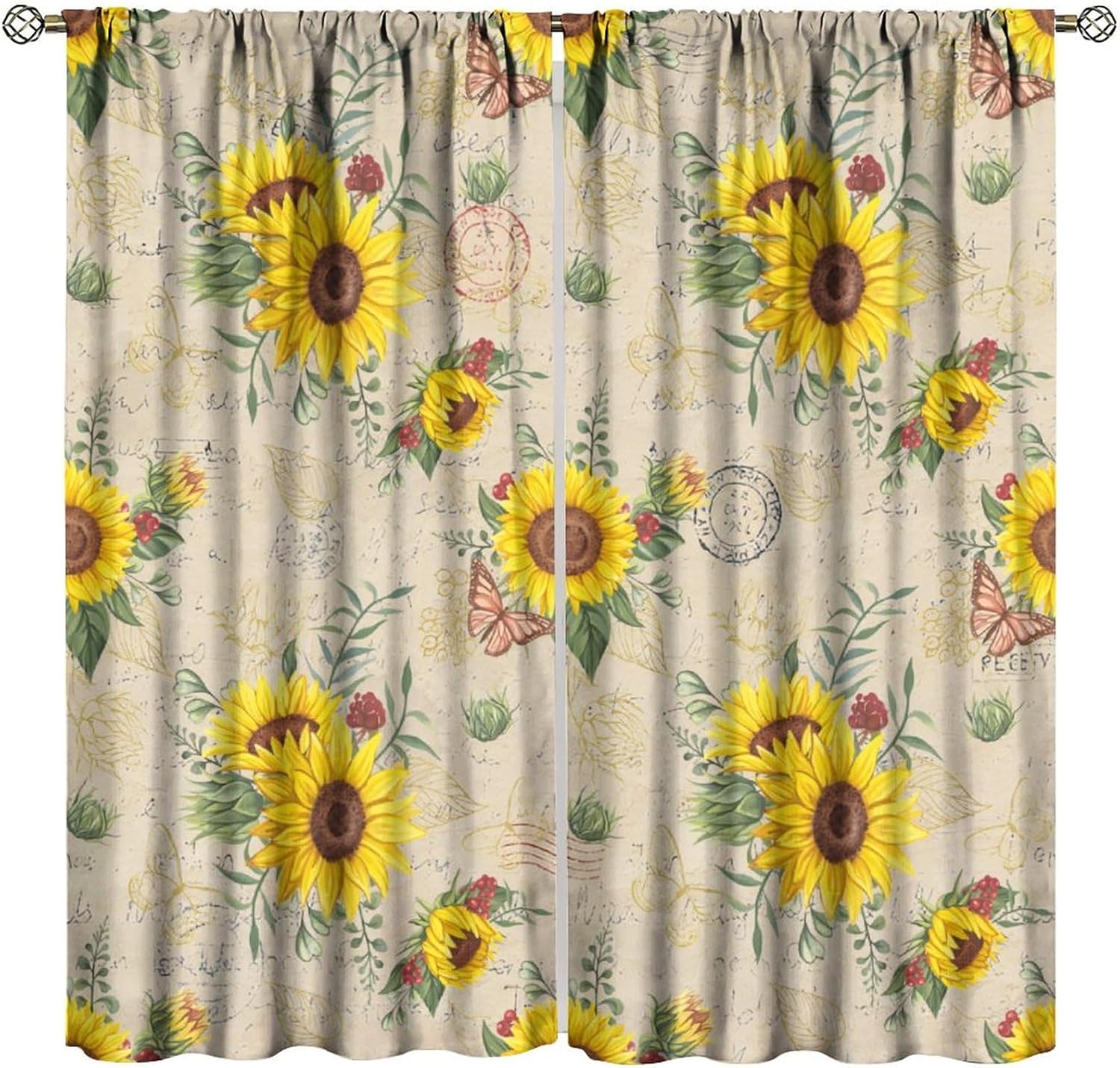 Vintage Sunflower Curta For Living Room,Rustic Cabin Farmhouse Yellow Floral Drapes,Inspirational Quotes Butterfly Print 53x116CM-2PC