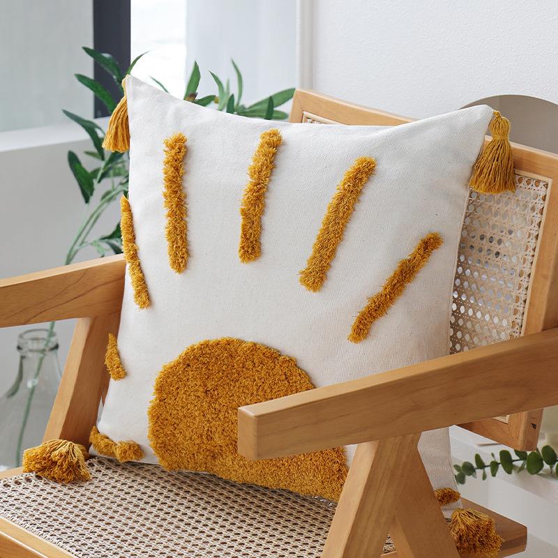 Ins Style Pillow Yellow Sun Tufted Pillow Case Homestay Pillow Living Room Sofa Tassel Cushion Removable and Washable
