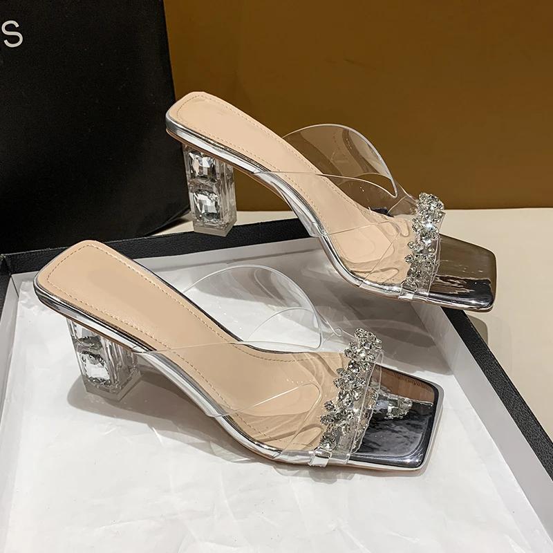 Fashion Summer Hot Selling Women's Shoes Fashion Open Toe Rhinestone Solid Color Thick Heel Women's Beach High Heel Slippers