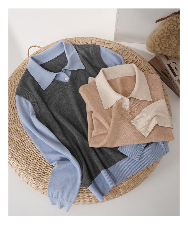 Fake Two Polo Collar Long-Sleeved Knitted Sweaters for Women