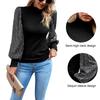 Womens Long Sleeve Tops Mock Neck Sequins Puff Sleeve Patchwork Blouses Solid Color Slim Fit Casual T Shirts
