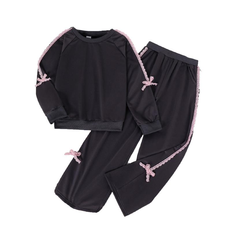 Girls' Casual Set 2025 Autumn Children's Fashion Sweet Bow Tie Patchwork Long-sleeved Sweatshirt Stylish Wide-leg Pants