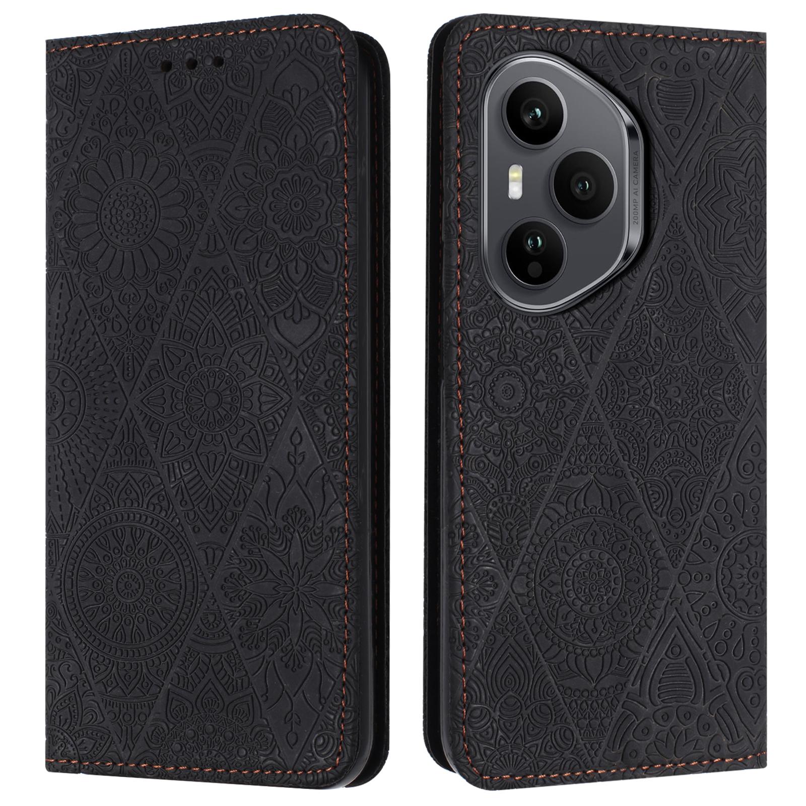 

For Honor 400 Pro 5G (Global) Case Imprinted Flower Wallet Stand Leather Phone Cover Black
