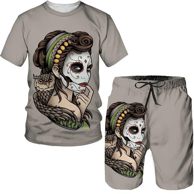 Summer 2 Piece Outfits Sets Tshirt and Shorts Tracksuit Men's Oversized Cloth Streetswear Vintage Skull Gothic 3D Print Men Sets
