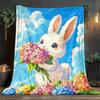 Flower Print Bunny Flannel Blanket - Lightweight, Soft and Warm for Sofa, Travel, Bed and Office, Christmas and Halloween