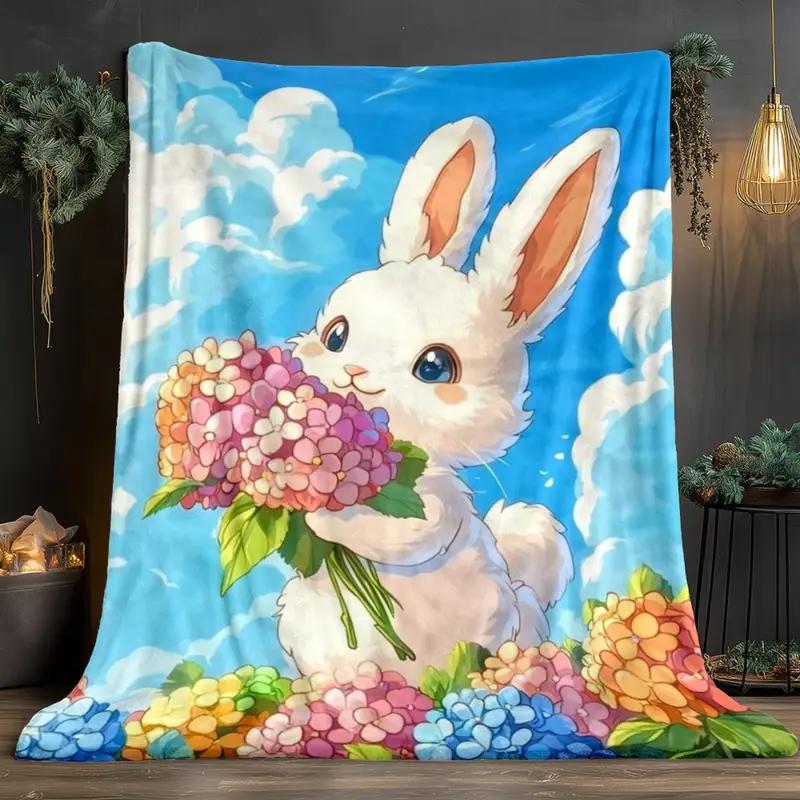 Flower Print Bunny Flannel Blanket - Lightweight, Soft and Warm for Sofa, Travel, Bed and Office, Christmas and Halloween