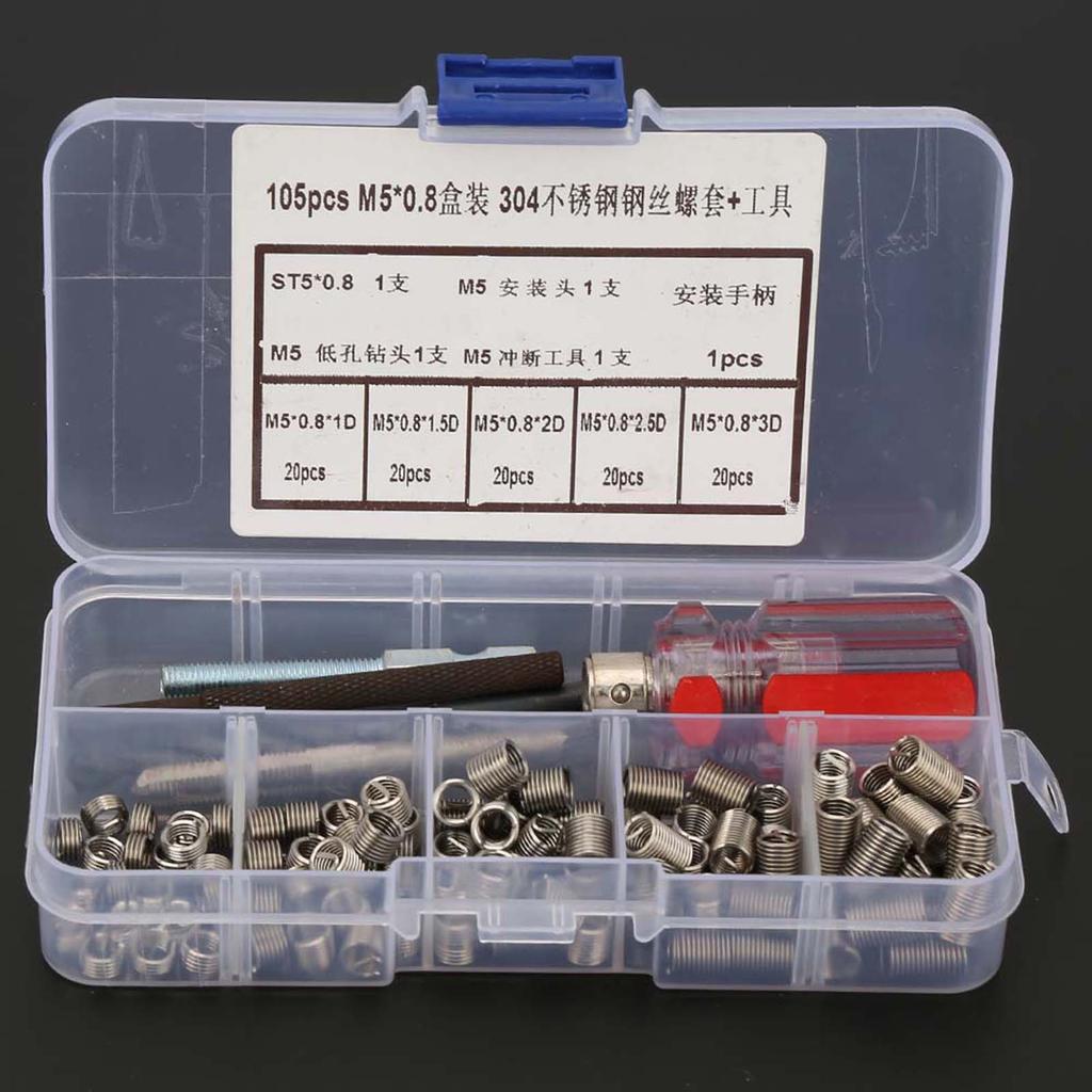 105Pcs Set Stainless Steel Wire Screw Sleeve Thread Repair Insert Kit Tool Set(M5*0.8)