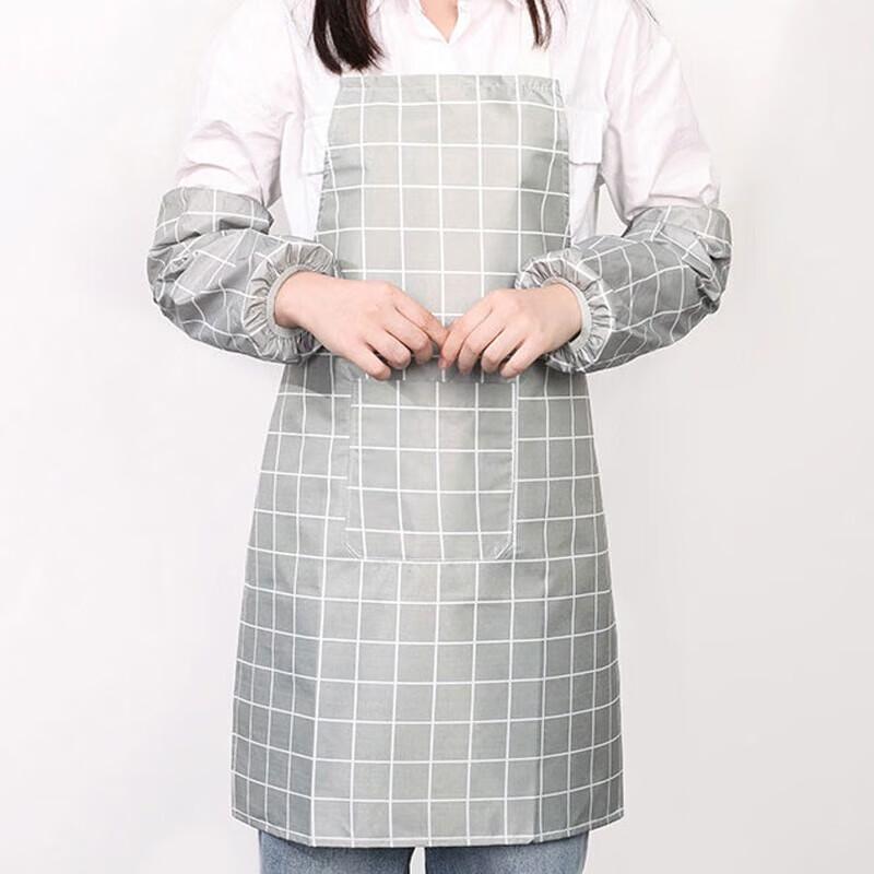 Waterproof Oil-Proof Plaid Kitchen Apron & Sleeves Set