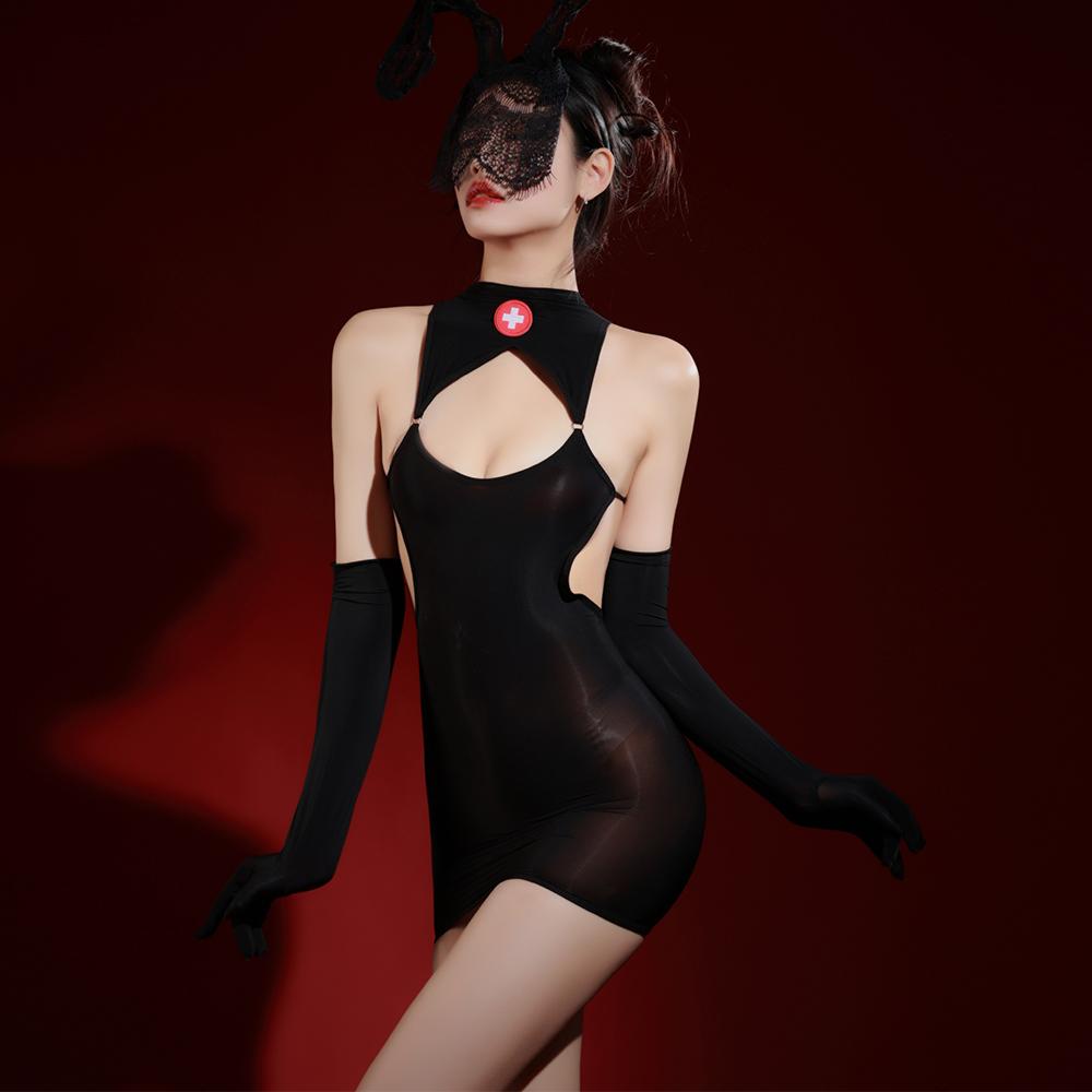Sexy Women Cosplay Nurse Dress Bandage Hollow Out Tights Dress Oil Glossy Shiny MINI Dress Sheer See Through Maid Dress