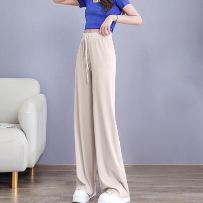 Women Casual Pants Adjustable Drawstring Trousers Ice Solid Color Long Elastic Waist Silk Wide Leg Draped Pants