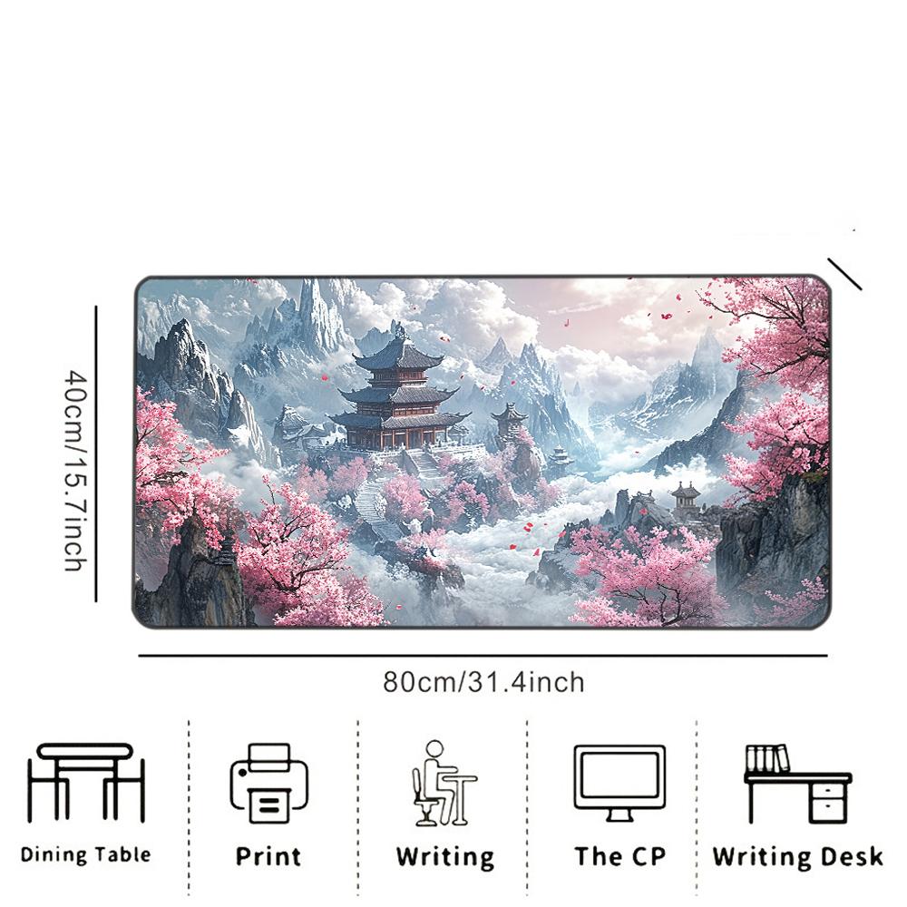 Sakura Mountain Pagoda Printed Desk Pad Extra Large Soft Rubber Mouse Pad Serene Aesthetic Gaming Keyboard Mat Multi-Size