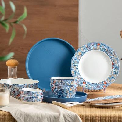 Piatto in Ceramica Stile Bohemien Fiori Retrò Piatti Rotondi da Pranzo Casa Deliziosi Ciotole per Frutta e Insalata Stoviglie di Lusso Leggero