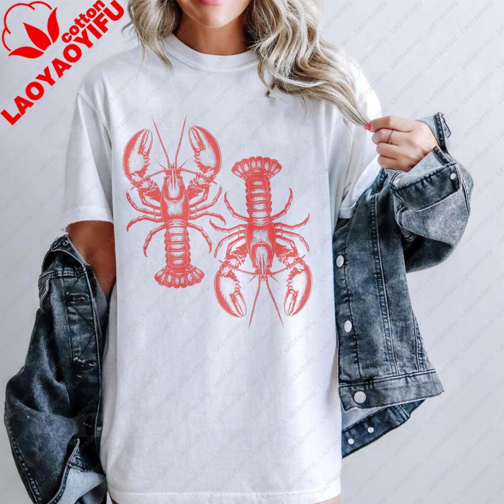 Lobster Print Vintage Tshirt Oneck Casual Fashion Summer Clothing Lobster Lover Gift Shirt Unisex Daily Life Cotton Short Sleev