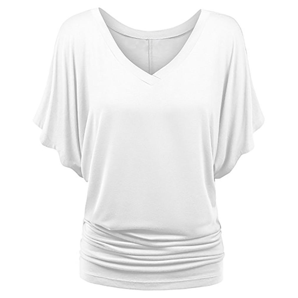 Large Size Top Women's Solid Loose Bat Sleeve V-neck Short Sleeve T-shirt
