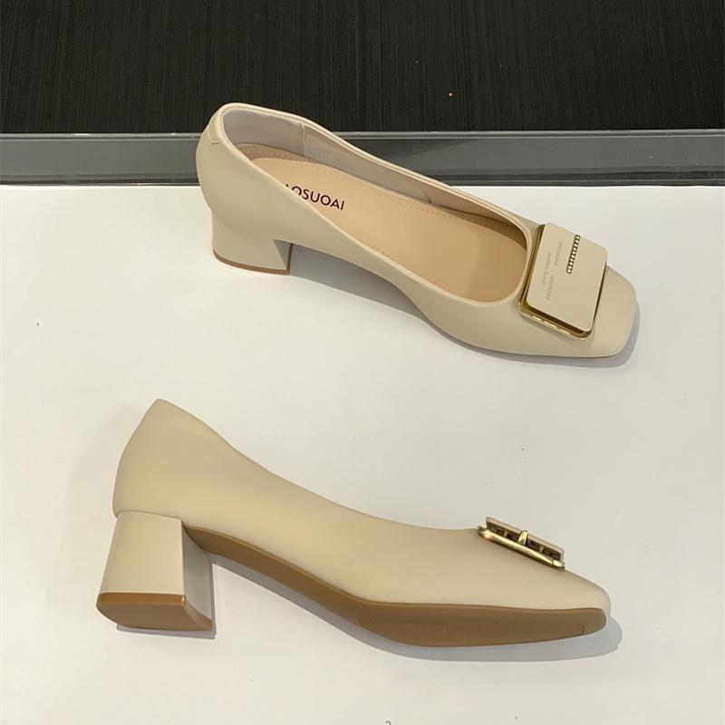 

Leather square head high heels French versatile 2025 autumn new work shoes thick heel light mouth temperament women s shoes single shoes 40