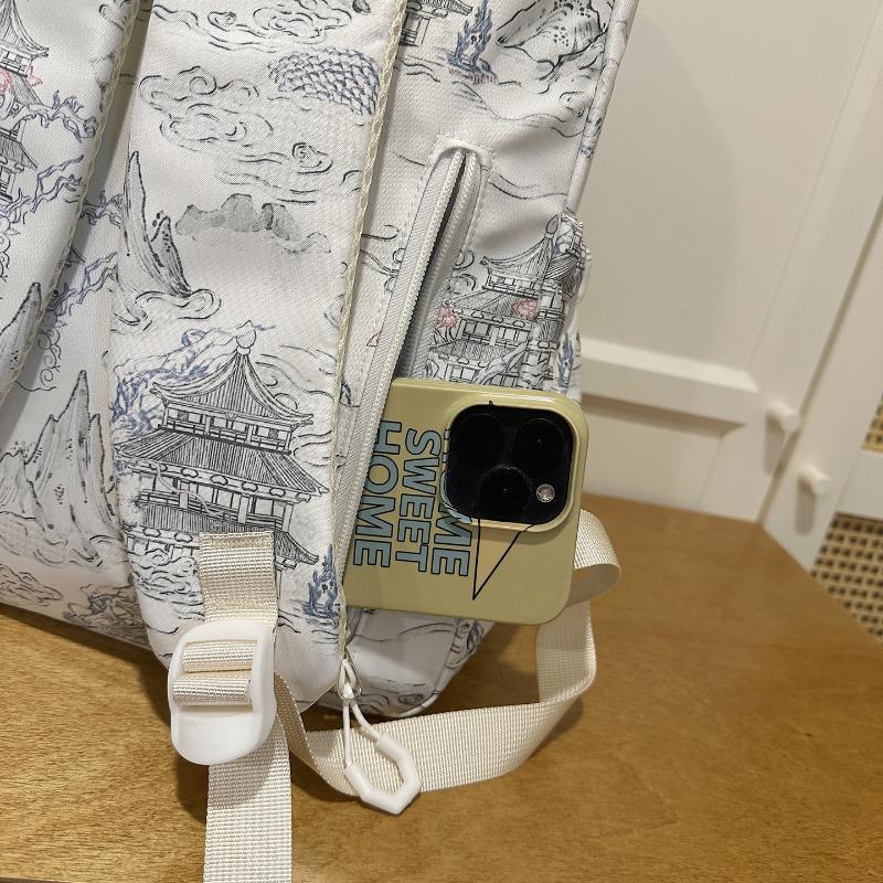 Zaino in Nylon Stampato Paesaggio Stile Cinese con Grande Capacità e Tasche Multiple Adatto per l'Uso Quotidiano e Studentesco Come Zaino Studentesco