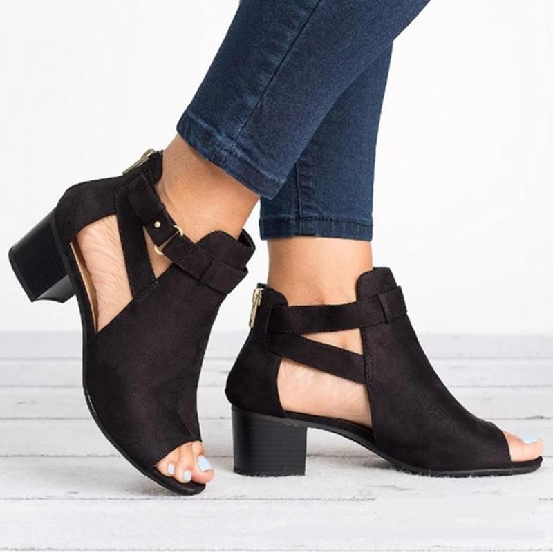 Sandali da donna con tacco alto e grosso, stile gladiatore, con punta aperta, neri, con fibbia e cerniera posteriore, sandali da donna
