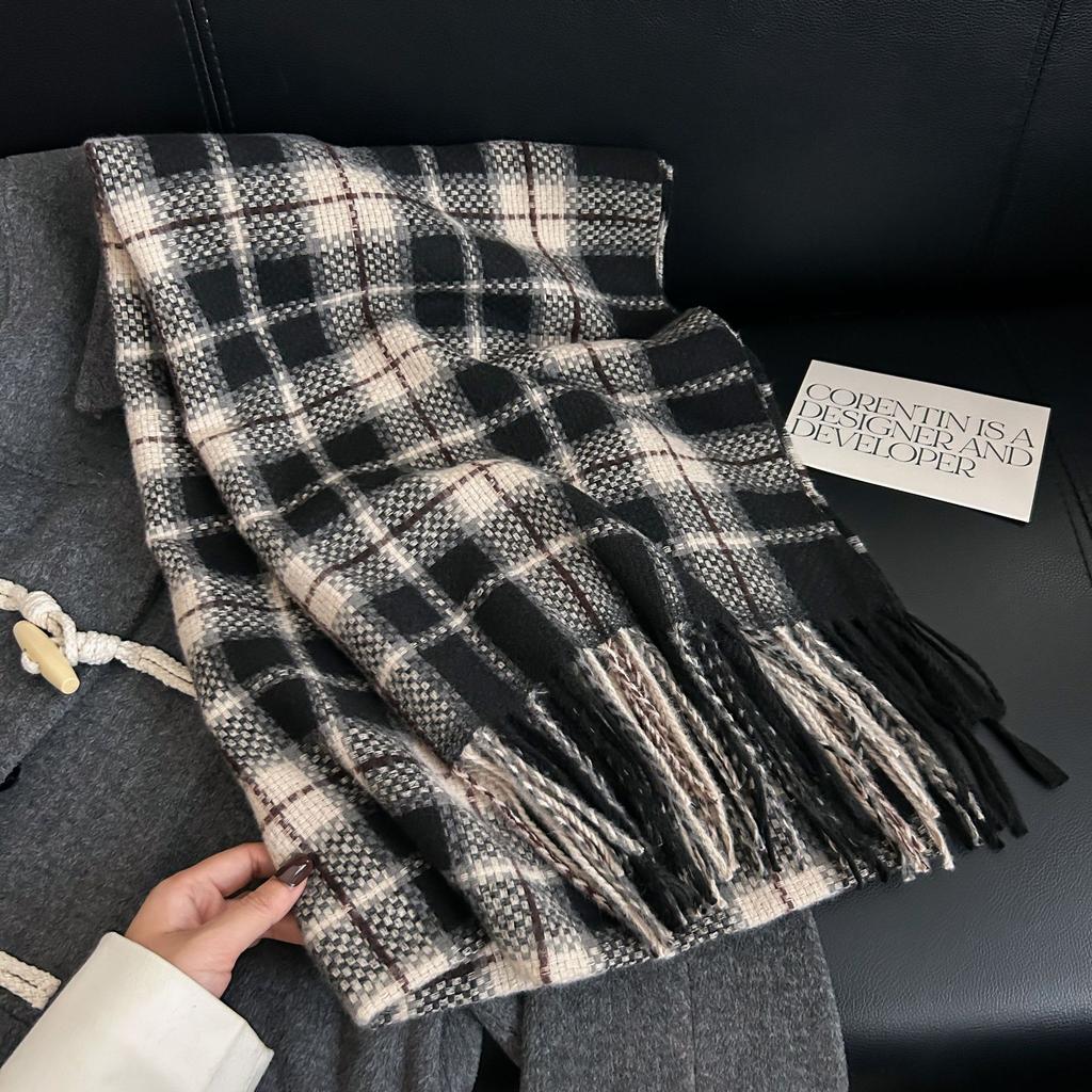 Autumn and Winter High-end Fashion Woven Plaid Scarf Sweet and Elegant Temperament Imitation Cashmere Warm Fringed Shawl