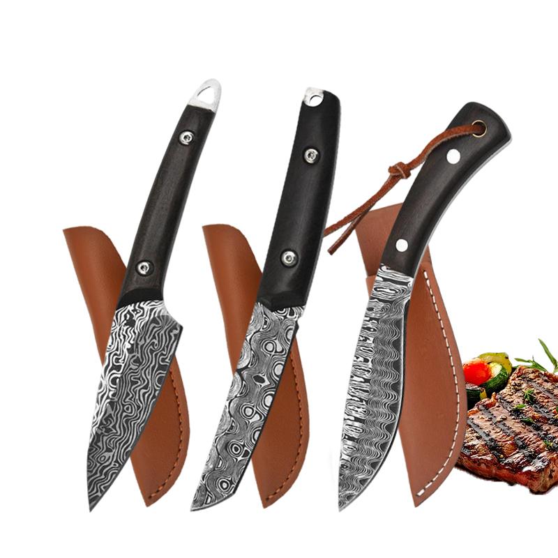 Damastmuster Küchenmesser Tranchiermesser Obstschäler Holzgriff Fleischmesser mit Abdeckung für Heimküchenzubehör