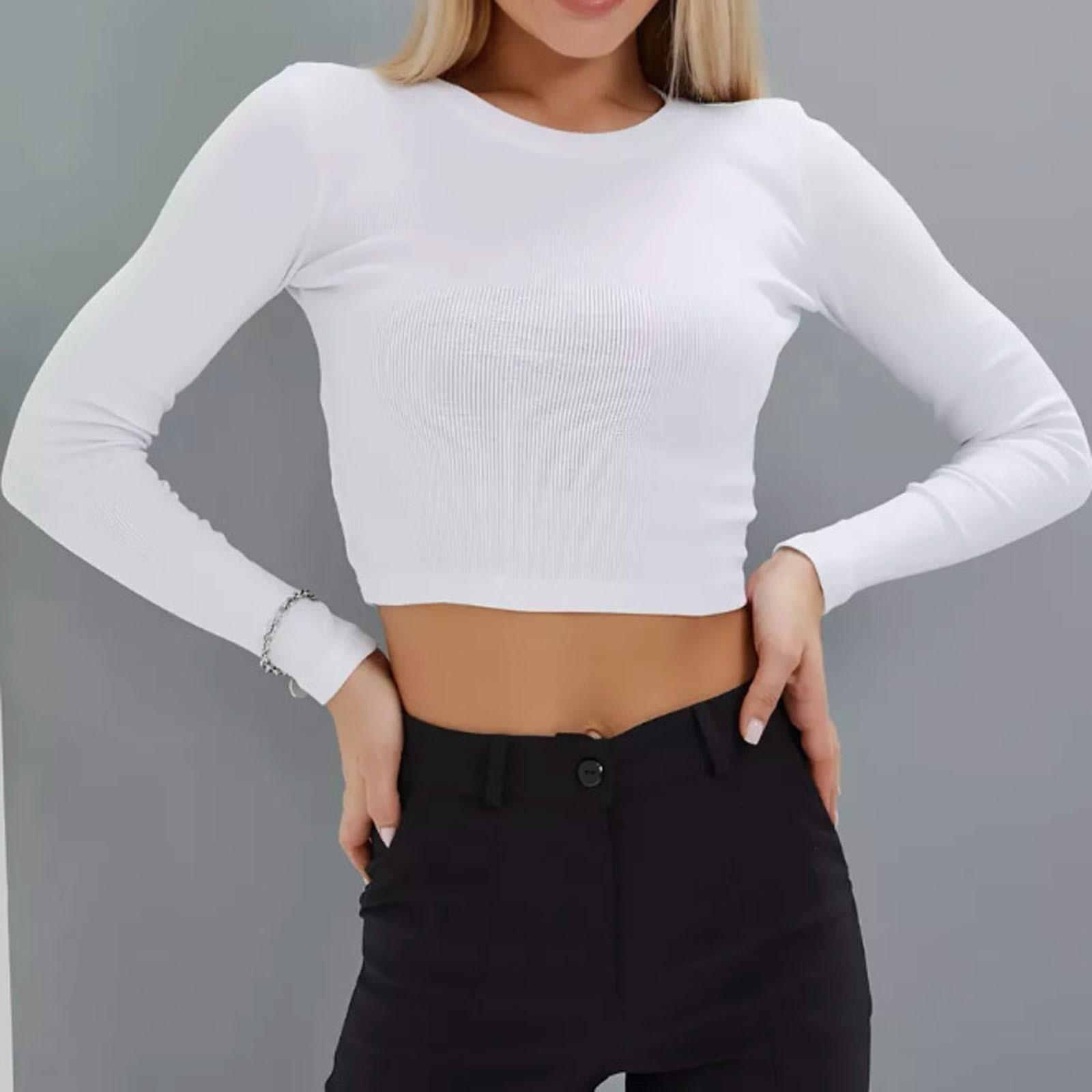 

Женские трикотажные базовые рубашки с круглым вырезом, длинным рукавом, в рубчик, облегающие, повседневные XL белый