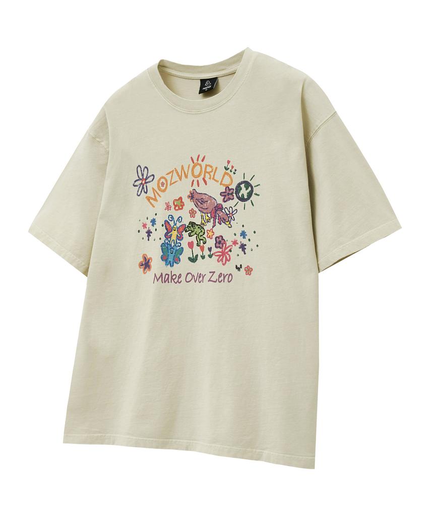 MOZMOZ World Oversized Pigment Short Sleeve T-Shirt Beige