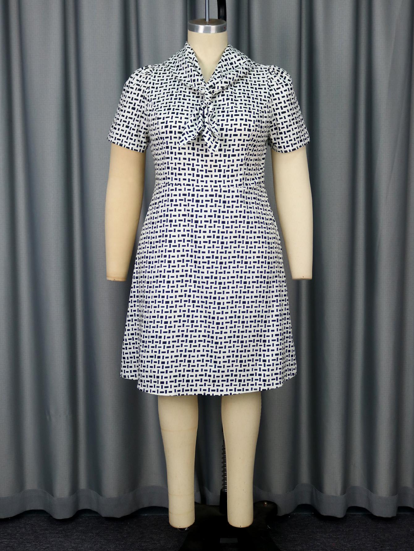 

AOMEI White Women Dresses Short Sleeve Printed Slim Fit Knee Legnth Office Work Dress Plus Size 4XL білий