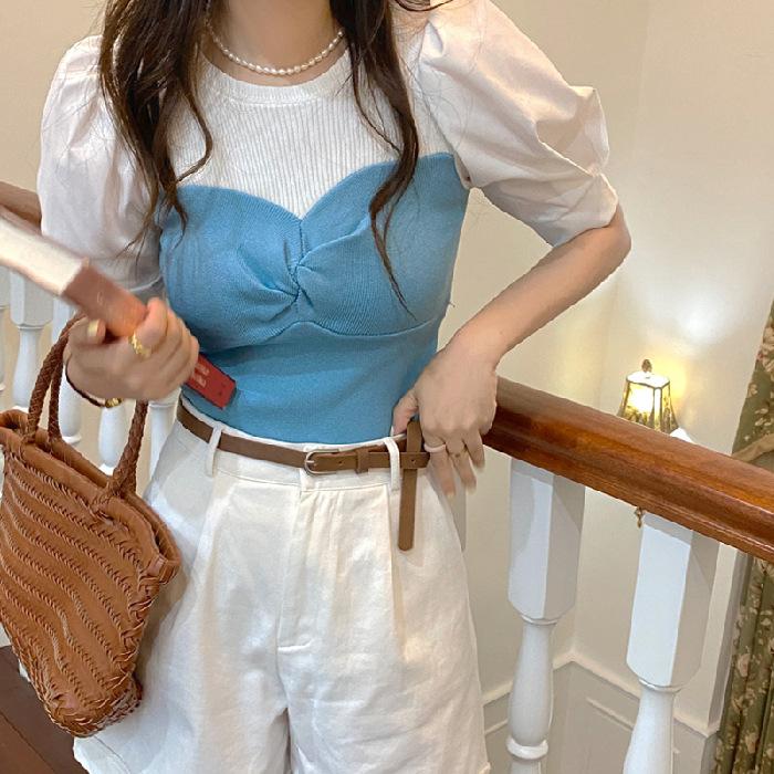Sweet Spice Girl Short Sleeve T-Shirt Female Design Sense Summer Pure Desire Fried Street Bubble Sleeve Slim Short Top ins Tide