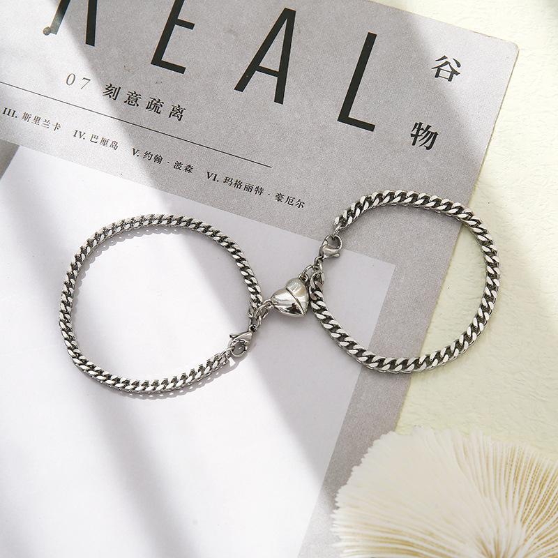 100% Unfading Stainless Steel Bracelet Chain For Lovers Magnet Couple Braslet Heart Attract Paired Brazalete Friendship Jewelry