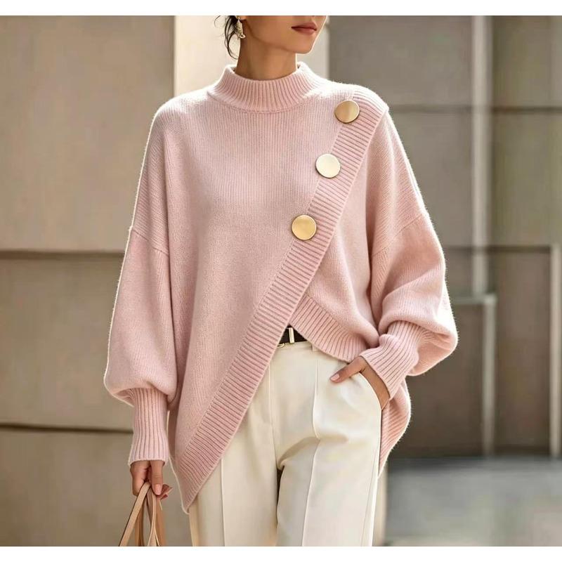 HNXC Women's Long Sleeve Mock Neck Asymmetric Sweater Fashion Casual Autumn Winter Loose Sweaters Classic Exquisite