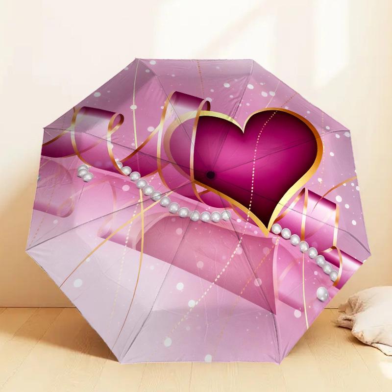 1pc Heart Pearls Automatic Folding Umbrella, Heavy Duty 8 Rib Iron Frame,  Suitable for Travel, Daily Use, Birthday, Decor Gift m0104053