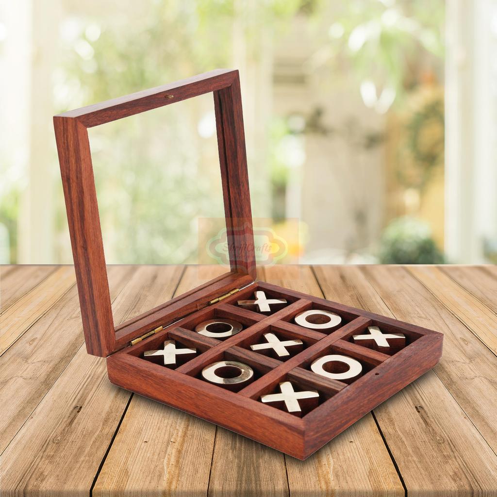 Shriji Crafts Handgefertigtes Holz-Tic-Tac-Toe-Spielset mit Messingeinlagen Klassisches Brettspiel für alle Altersgruppen Geschenke Weihnachten Neujahr