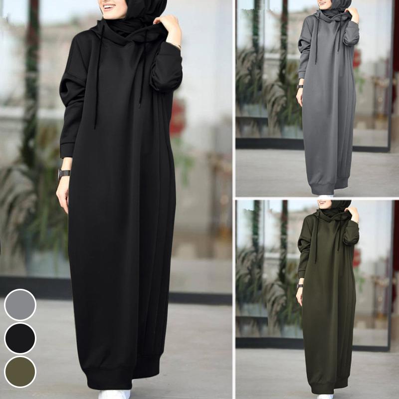 Muslim Dress Women Sweatshirt Dress Stylish Hoodies Long Sleeve Maxi Dress Female Casual Solid Hooded Vestidos Robe S-3XL