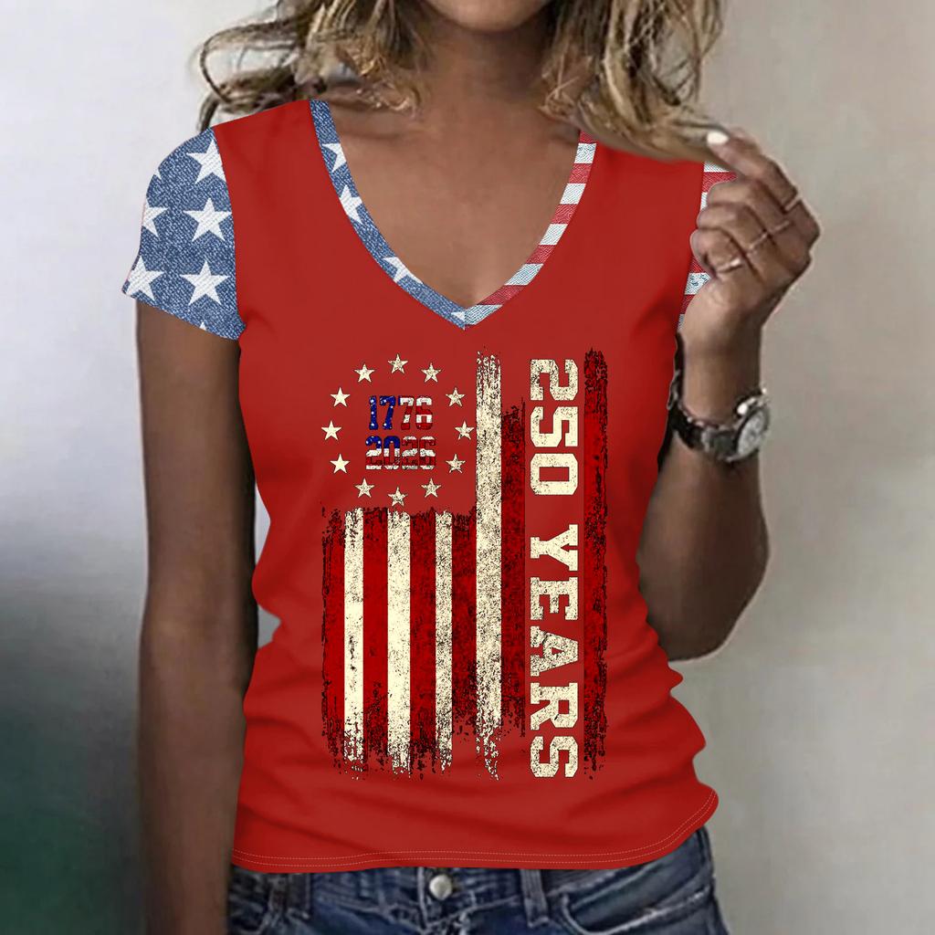 Women’s V Neck Lightweight Short Sleeve Top with Distressed Flag and 250 Years Print for Spring Summer Casual Wear