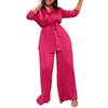 Women's solid color pleated loose long-sleeved strap shirt trousers two-piece set
