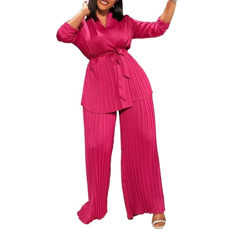 Women's solid color pleated loose long-sleeved strap shirt trousers two-piece set