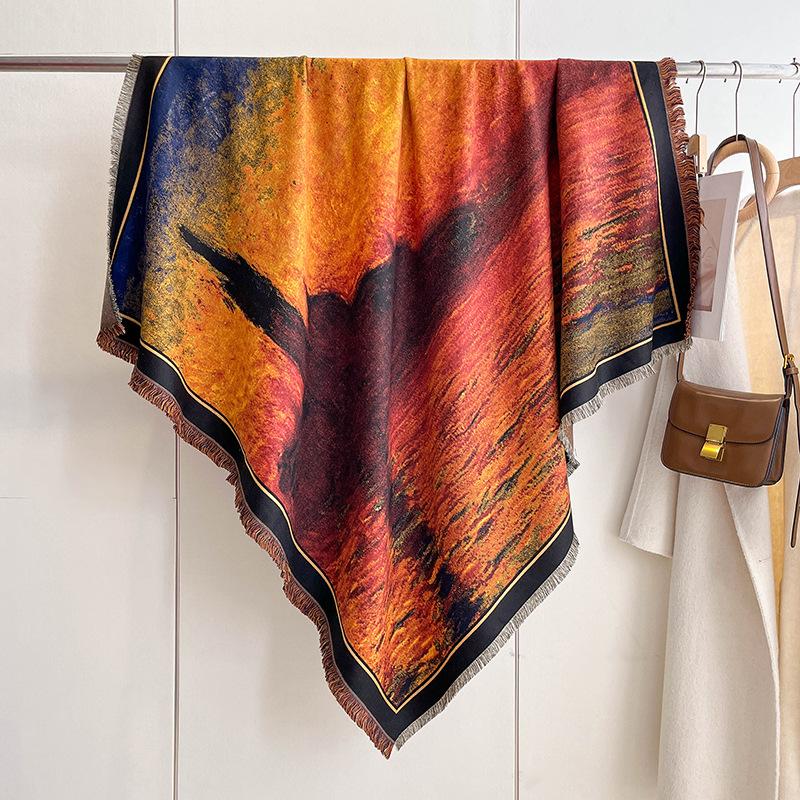 Mixed Contrasting Color Double-Sided Shawl Winter High-End Warm Square Scarf