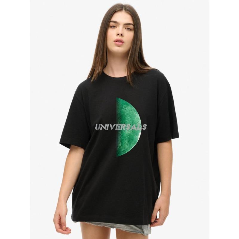 

Oversized T-Shirt Black Green Planet Print With Universal Text Casual Wear For Women XXXXL чёрный