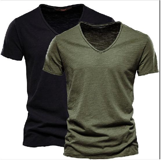 

2 PC Summer Men S New Solid Color Bamboo Cotton V-Neck Short Sleeved Pure Cotton T-Shirt L