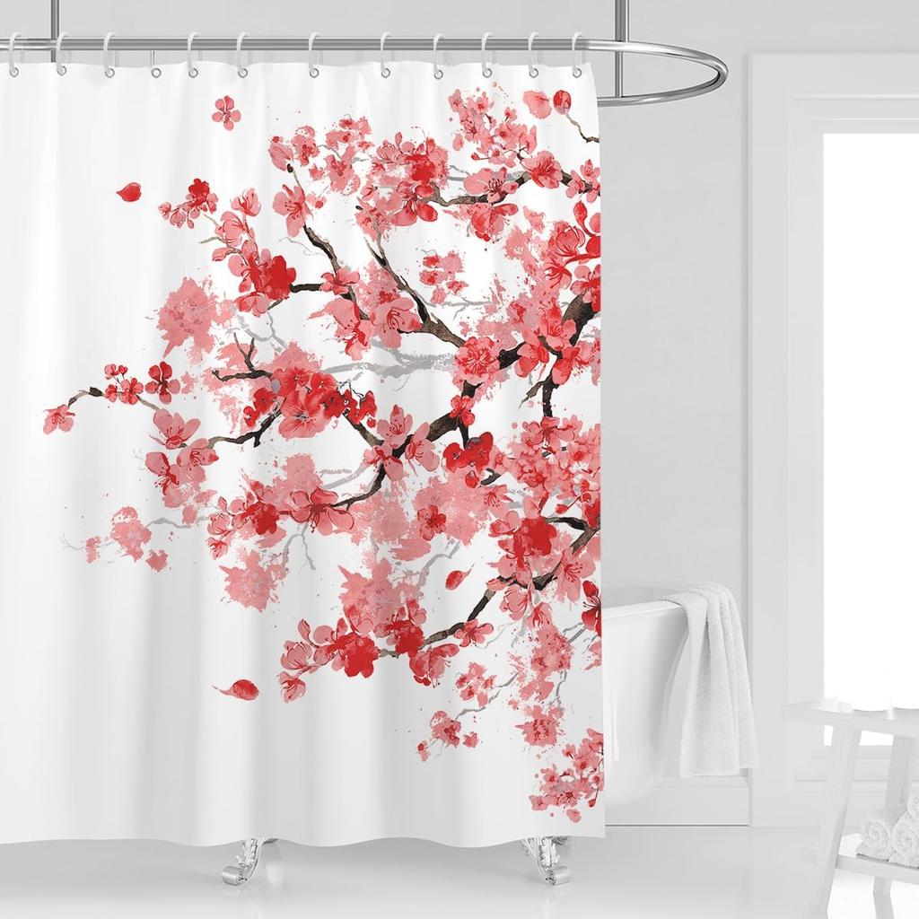 Shower Curtain Pink Cherry Floral Flowers Sakura Plum Blossom Japanese Asian Style Polyester Fabric 12 Pack Plastic Hooks