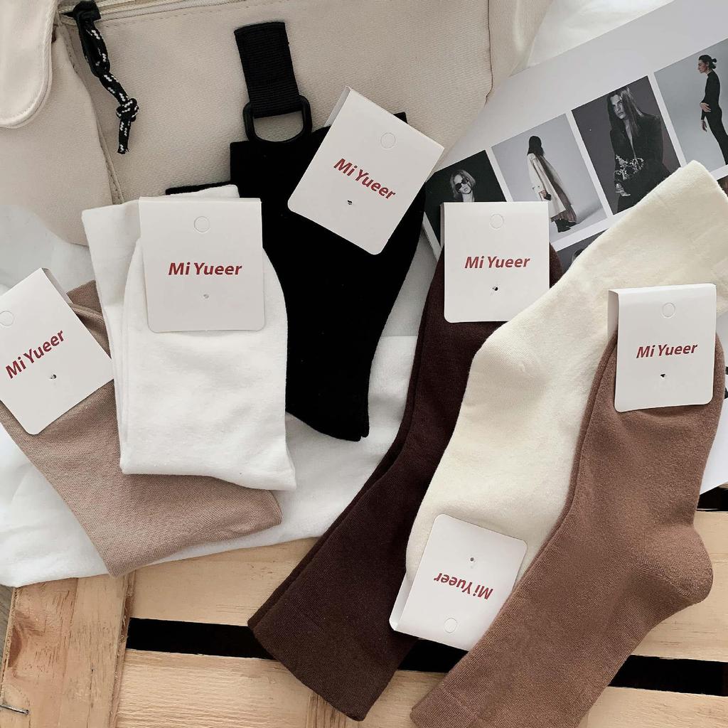 Versatile Coffee Socks For Women, Comfortable Wide-Mouth Socks Medium Tube Socks Solid Color Black And White Cotton Socks Tide