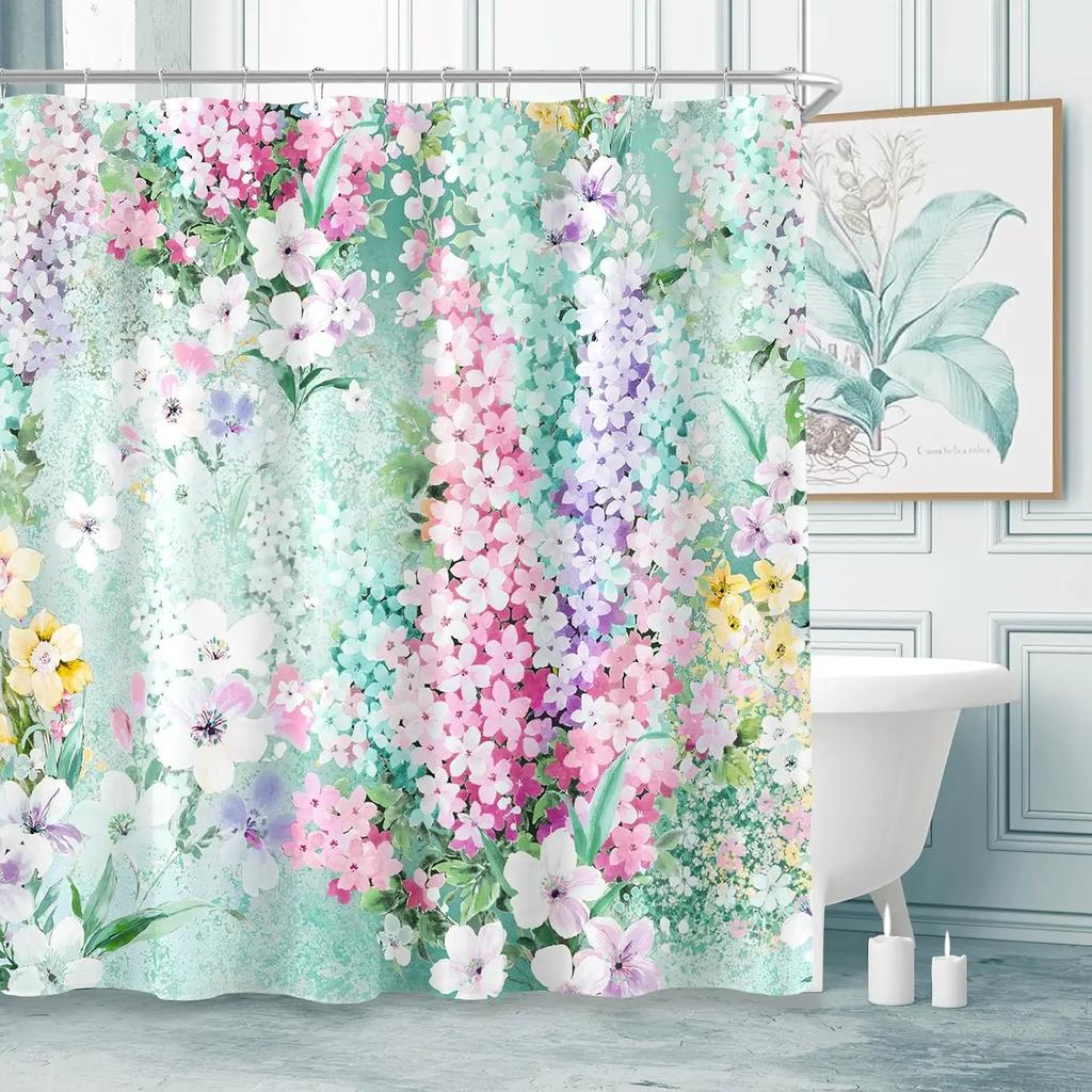 Purple Cute Floral Shower Curtain Color Pink Flower Fabric Bathroom Shower Curtain, Watercolor Cloth Shower Curtain