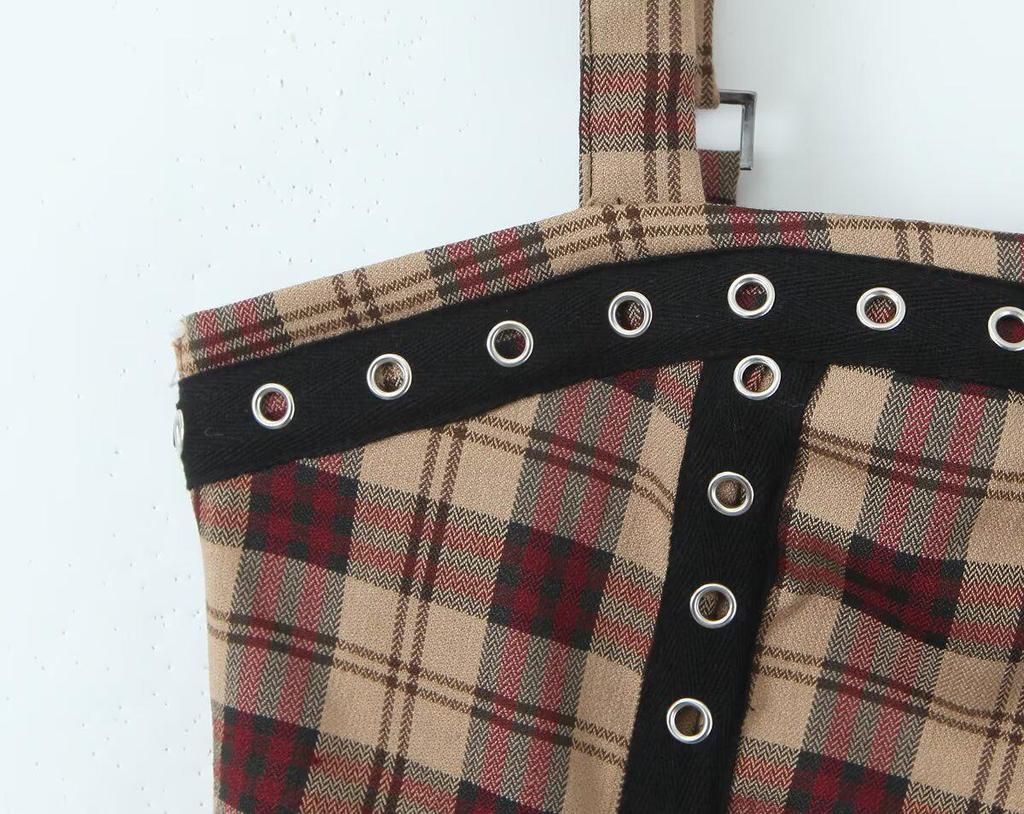 2025 Spring Women's European & American Plaid Punk Rock Sling Dress
