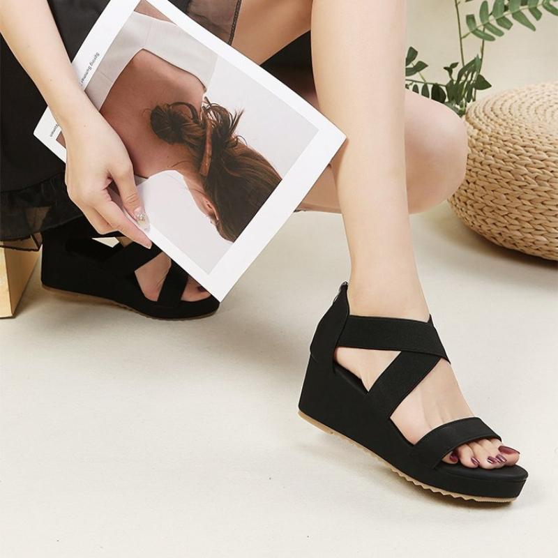 New Wedge Sandals for Women 2026 Summer Fashion Cross-strap One Word Roman Shoes Ladies Chunky Soled Back Zip Peep Toe Sandalias