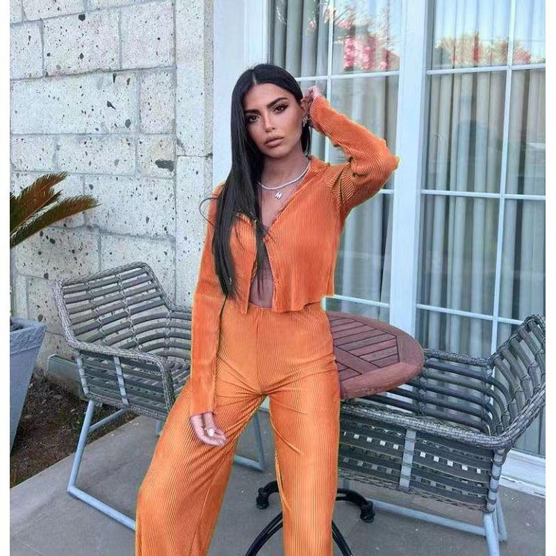 

Fashion Wind Pleated Lapel Long Sleeve Top Pants Suit Pleated Top Long Trouser Suit Orange S