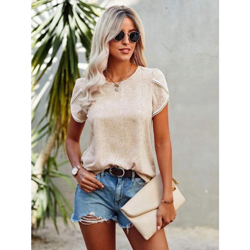 

Женская футболка, повседневная летняя свободная рубашка с круглым вырезом, кружевной топ с коротким рукавом в горошек S бежевый