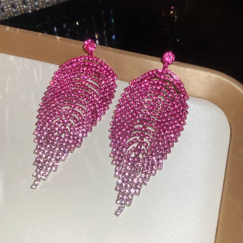 Silver Needle Diamond Leaf Tassel Earrings Luxury Exaggeration Heavy Industry Earrings Design Sense Niche Earrings Women