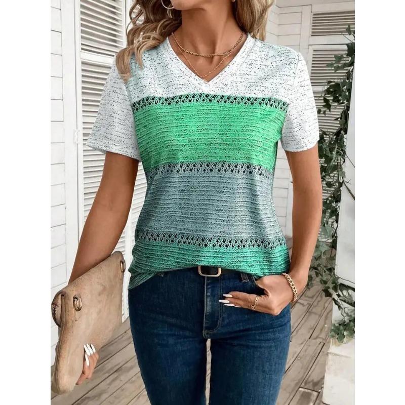 Summer Women Short Sleeve V-Neck Plus Size T Shirt For Women Fashion Ladies T-Shirt  Retro Striped Print Tops Casual Clothes