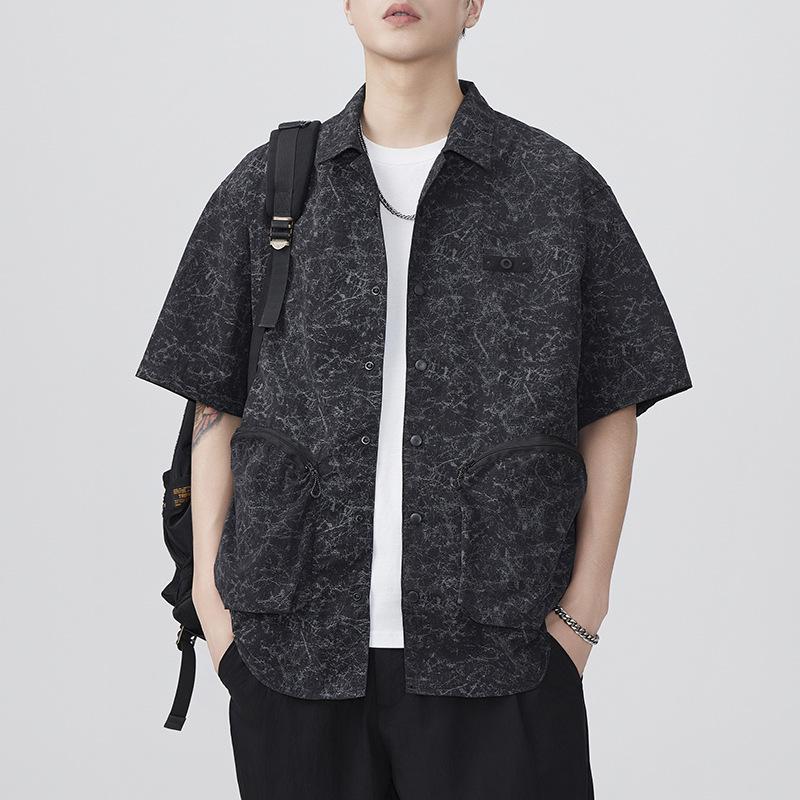 New Japanese Retro Summer Zipper Design Lapel Short-sleeved Shirt Loose and Casual