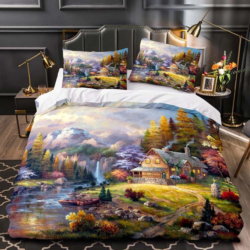 Set Copripiumino Fantasy World Forest, Set Biancheria da Letto Castello Cartone Animato, Copripiumino in Poliestere Albero Elfo Magico Misura Queen King Full Twin